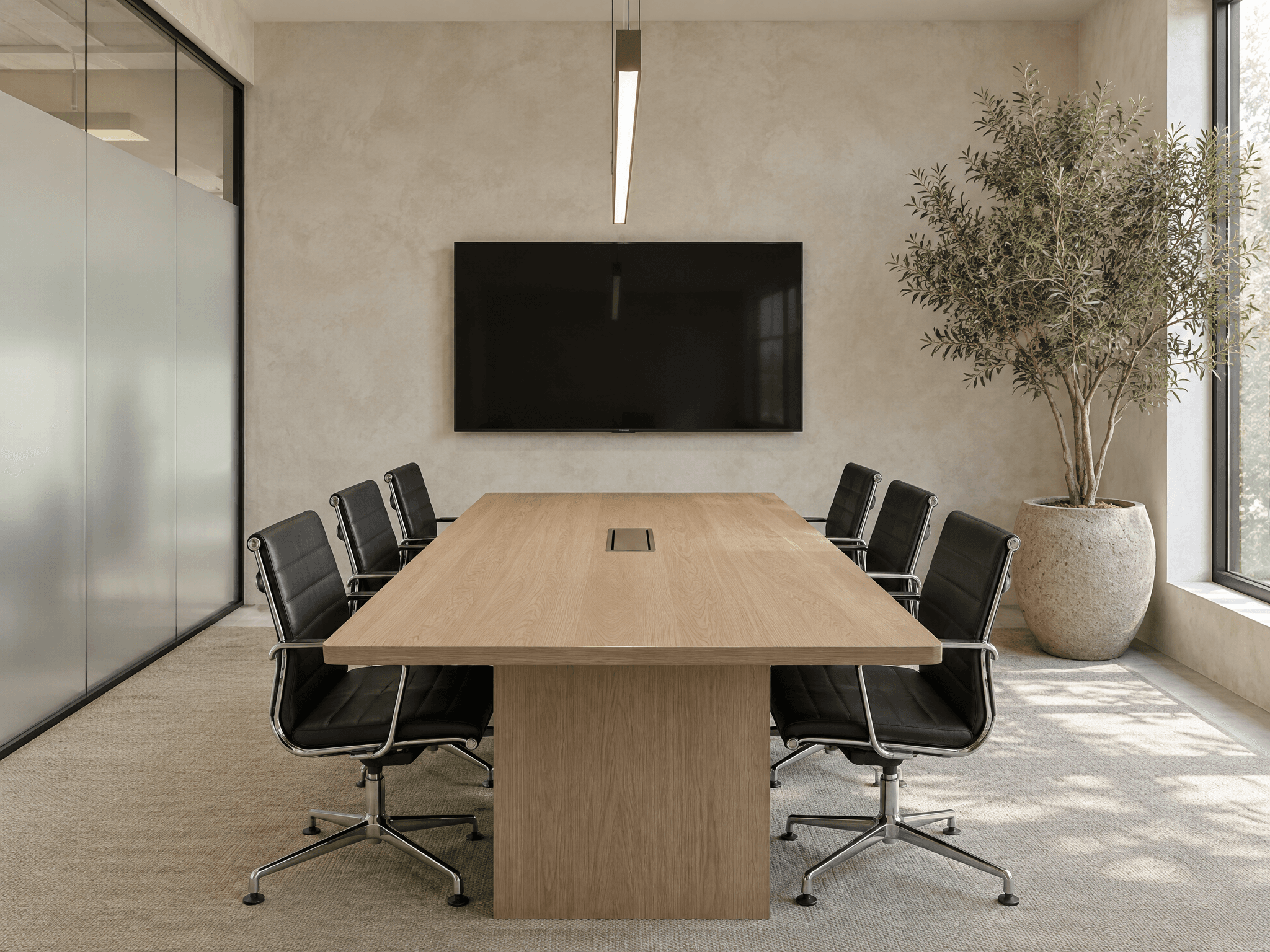 A conference room with a long oak table and six leather chairs