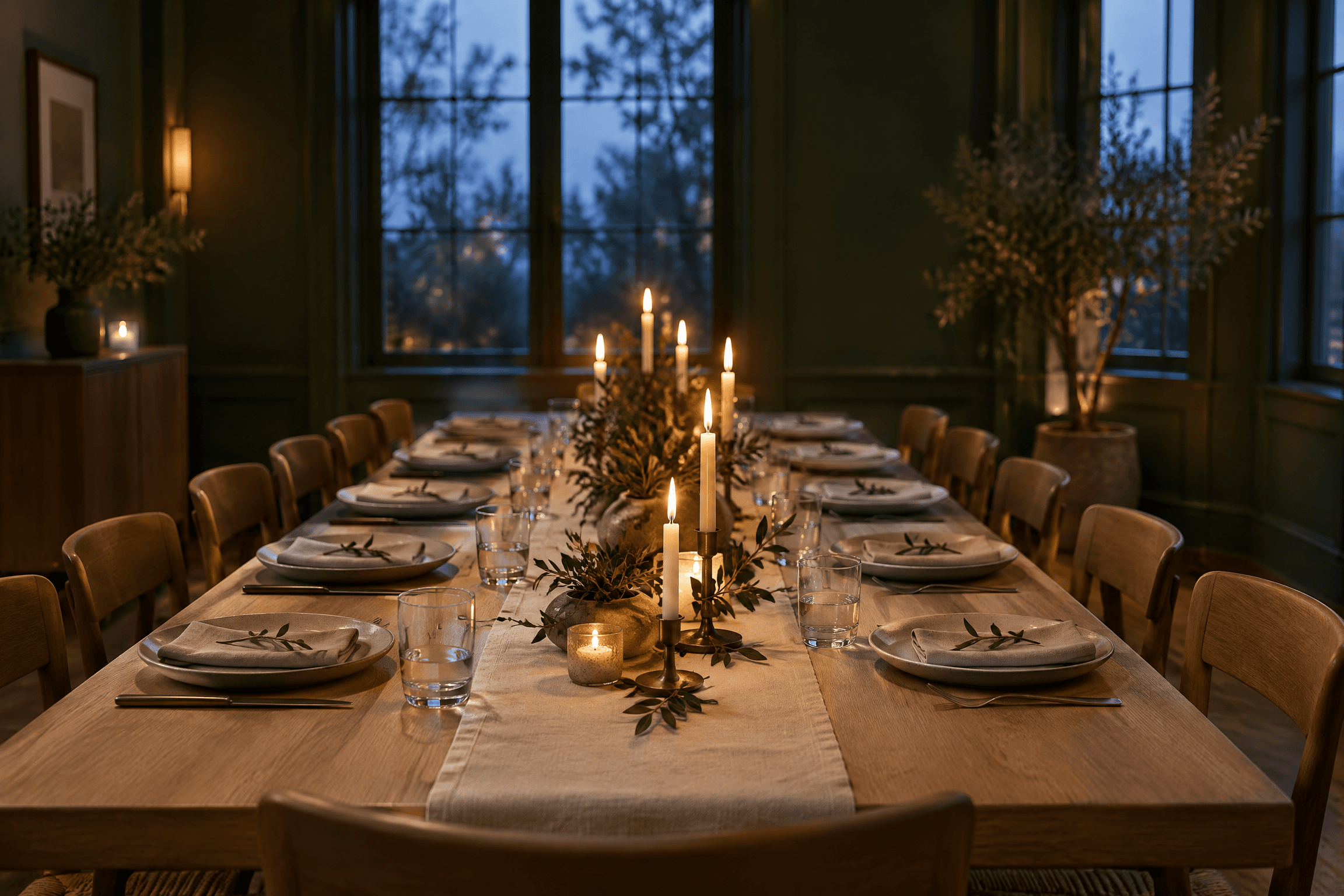 A candlelit dinner table set for twelve in a dark green room